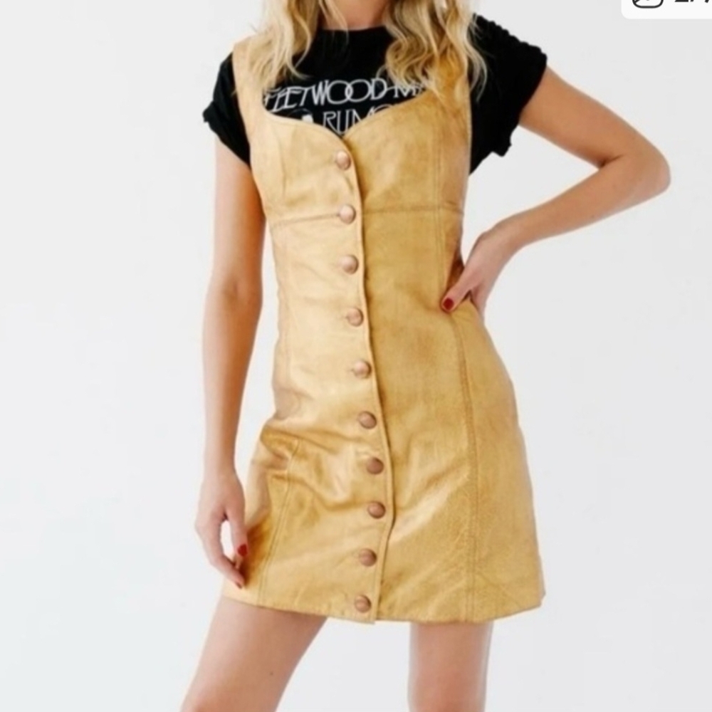 NWT Free People GOLD Genuine Leather Sweetheart Neckline Button Mini Dress - Picture 2 of 8
